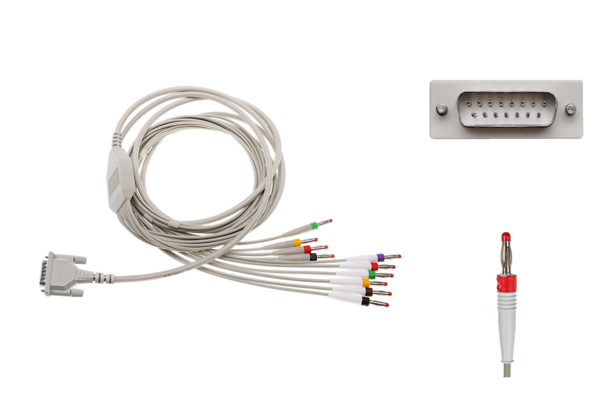 Kabel EKG do diagnostyki nierozłączny, 10-odprowadzeniowy, wtyk bananowy 4mm, wtyk D-Sub 15-pin, dł. 70/110/200 cm, do Schiller i innych, op. 1 szt.