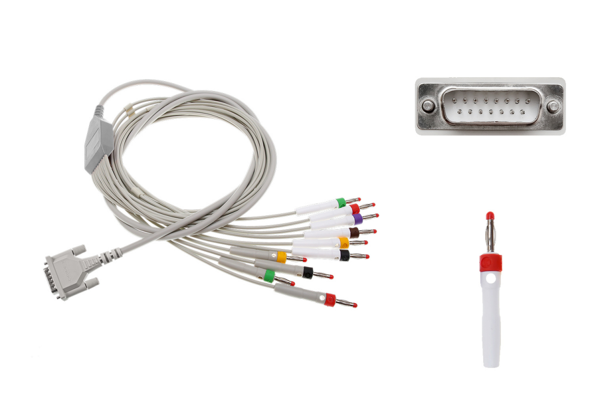 Kabel EKG do diagnostyki nierozłączny, 10-odprowadzeniowy, wtyk bananowy 4mm, wtyk D-Sub 15-pin, dł. 70/110/150 cm, op. 1 szt.