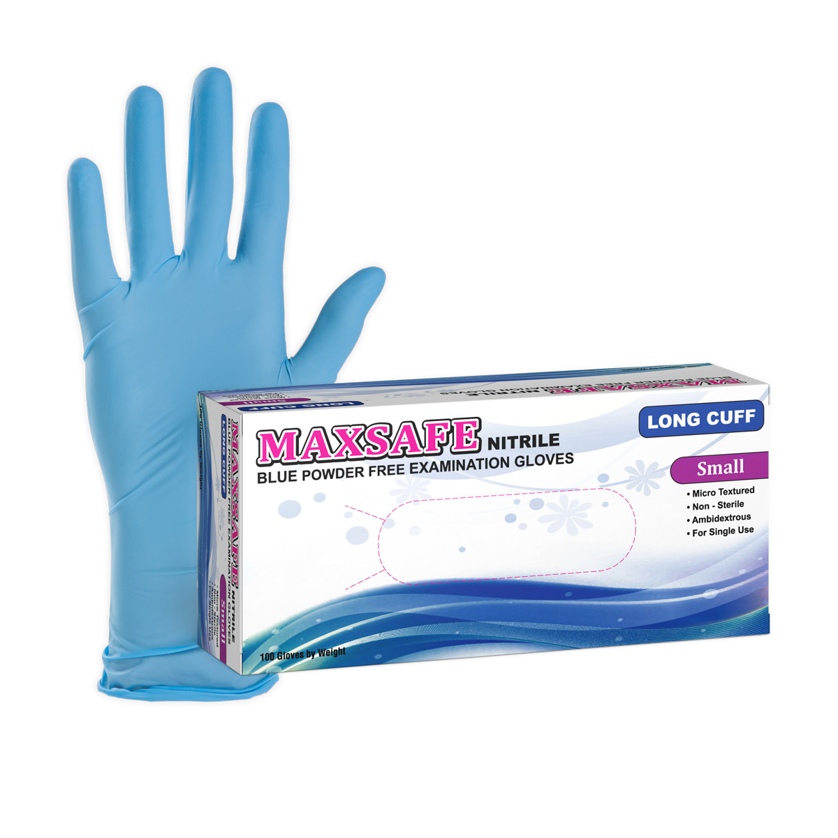 Rękawice nitrylowe Maxsafe Long Cuff z długim mankietem niebieskie w rozmiarze S