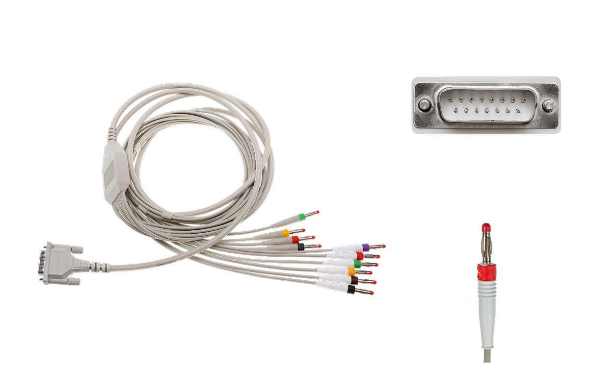 Kabel EKG do diagnostyki nierozłączny, 10-odprowadzeniowy, wtyk bananowy 4mm, wtyk D-Sub 15-pin, dł. 70/110/200 cm, do Aspel, op. 1 szt.
