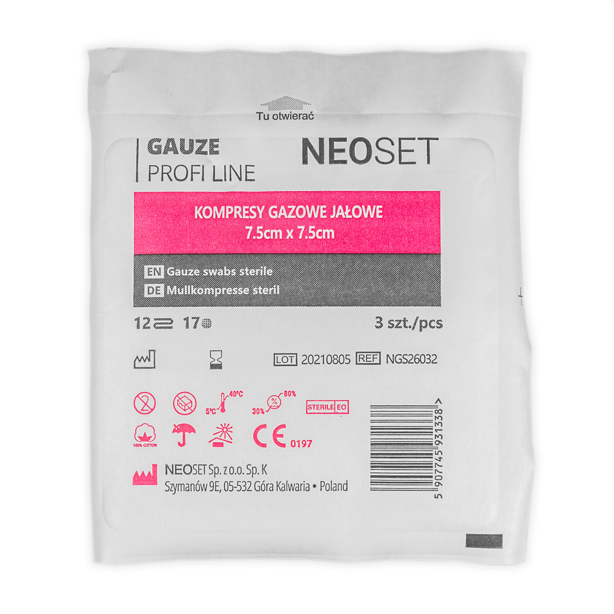 Kompres gazowy, jałowy, 13 nitkowy, 8 warstwowy, przeznaczony do bezpośredniego opatrywania ran - jako warstwa mechaniczna i chłonna, 7,5x7,5 cm, 1 opk. - 25 opk. a 3 szt.