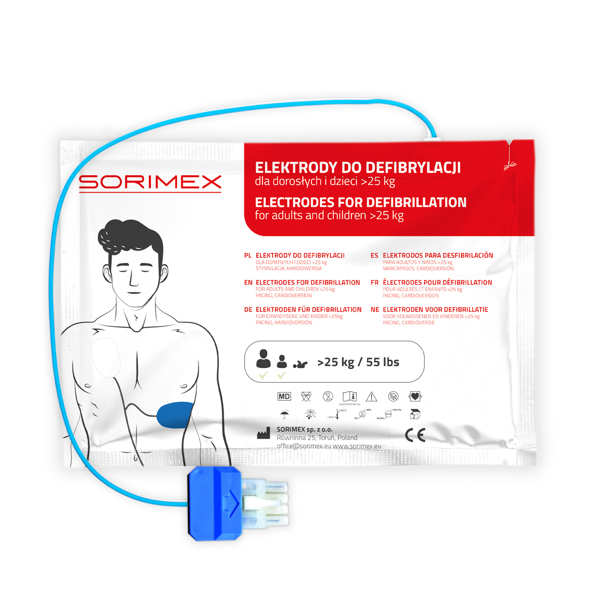 Elektrody do defibrylacji z kablem na zewnątrz dla dorosłych, Nihon Kohden, SORIMEX, dł. 120 cm, 1 opk.