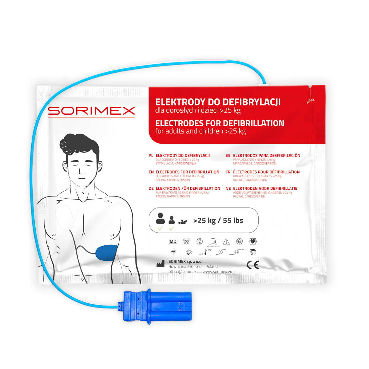 Elektrody do defibrylacji z kablem na zewnątrz dla dorosłych, Schiller, SORIMEX, dł. 120 cm, 1 opk.